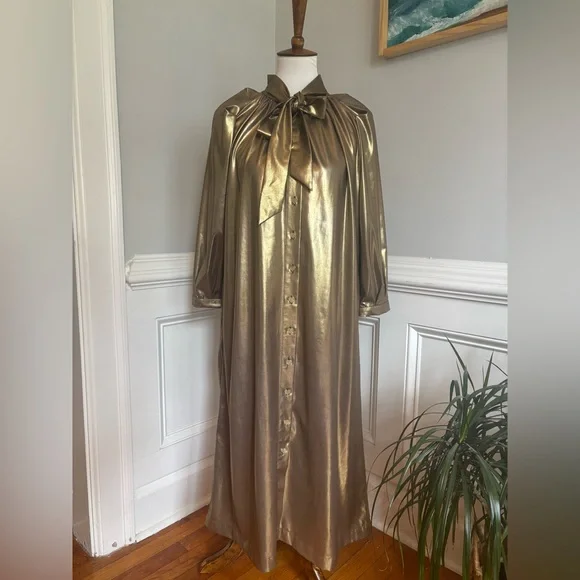 BURU Gold Lamé Long Sleeve Button Up Bow Midi Dress Size XS - Picture 2 of 14